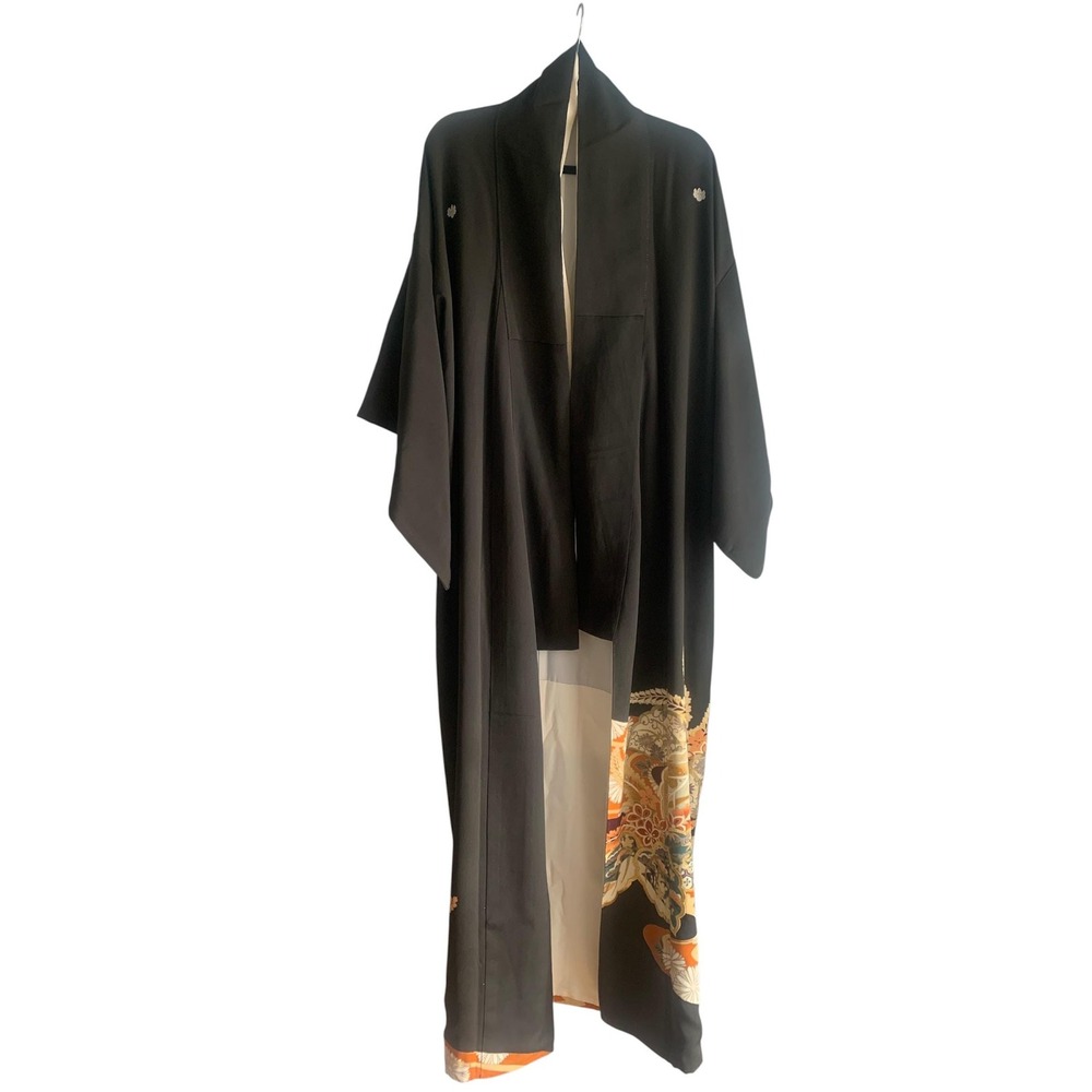 Vintage Silk Kimono Furisode Robe Unisex OS Black Excellent Embroidered Japan - Picture 3 of 13